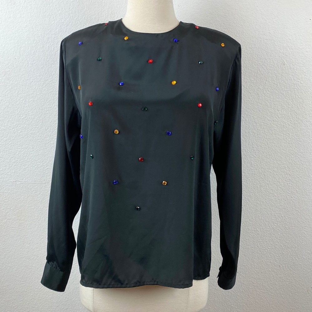 Vintage 90s Black Slinky Rhinestone Blouse Med/Large Long Sleeves Evening Party